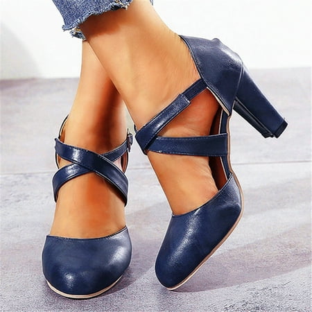 

LnjYIGJ High Heels Shoes Women s Solid Color Buckle Round Toe Low Cut Chunky Heel High Heeled Shoes
