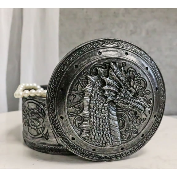 Round Celtic Dragon Vault Spirit Rune Knotwork Silver Decorative Jewelry Box