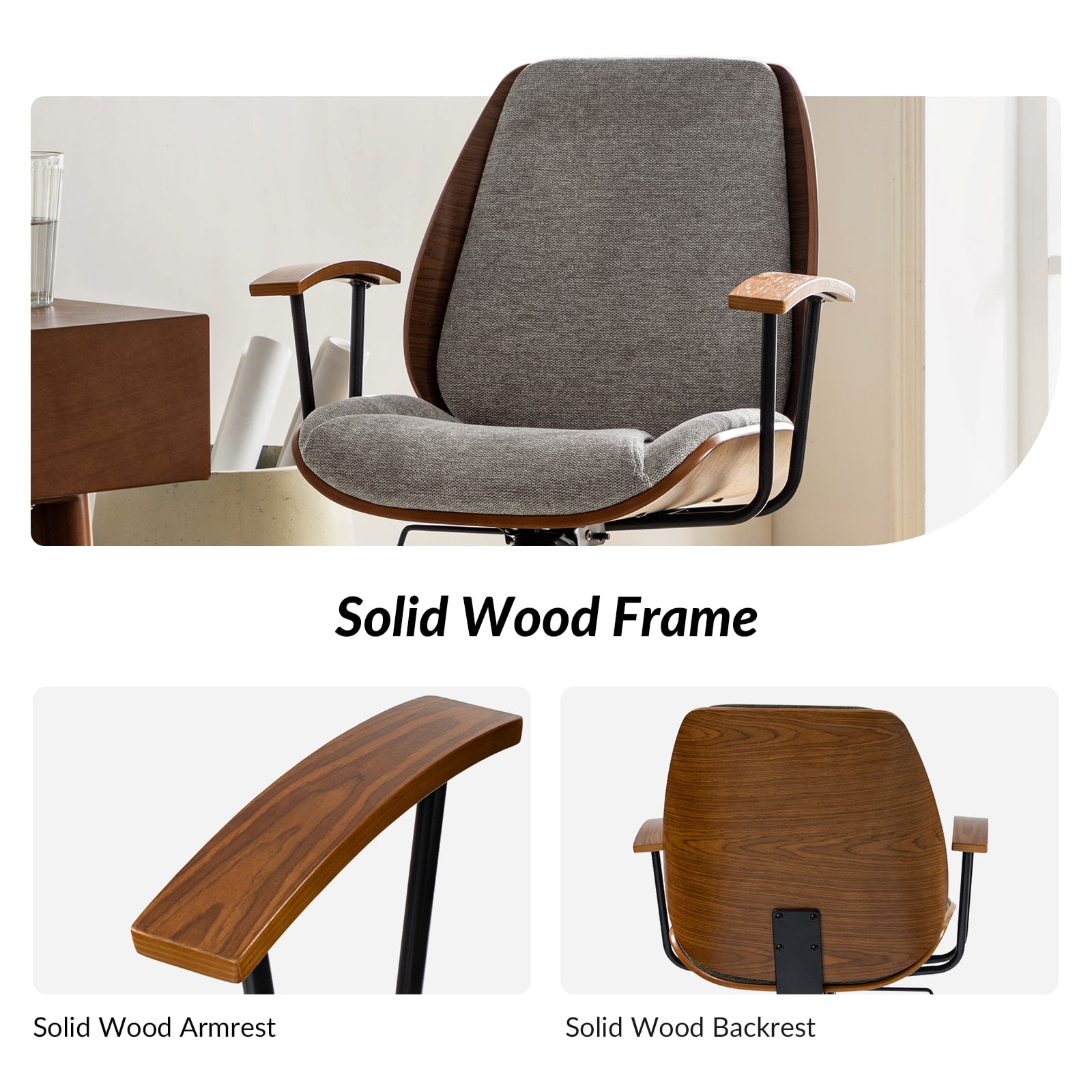 Ergonomic Adjustable Swivel Office Chair with Solid Wood Backrest and Premium Comfort Tan Cushion for Home Workplace
