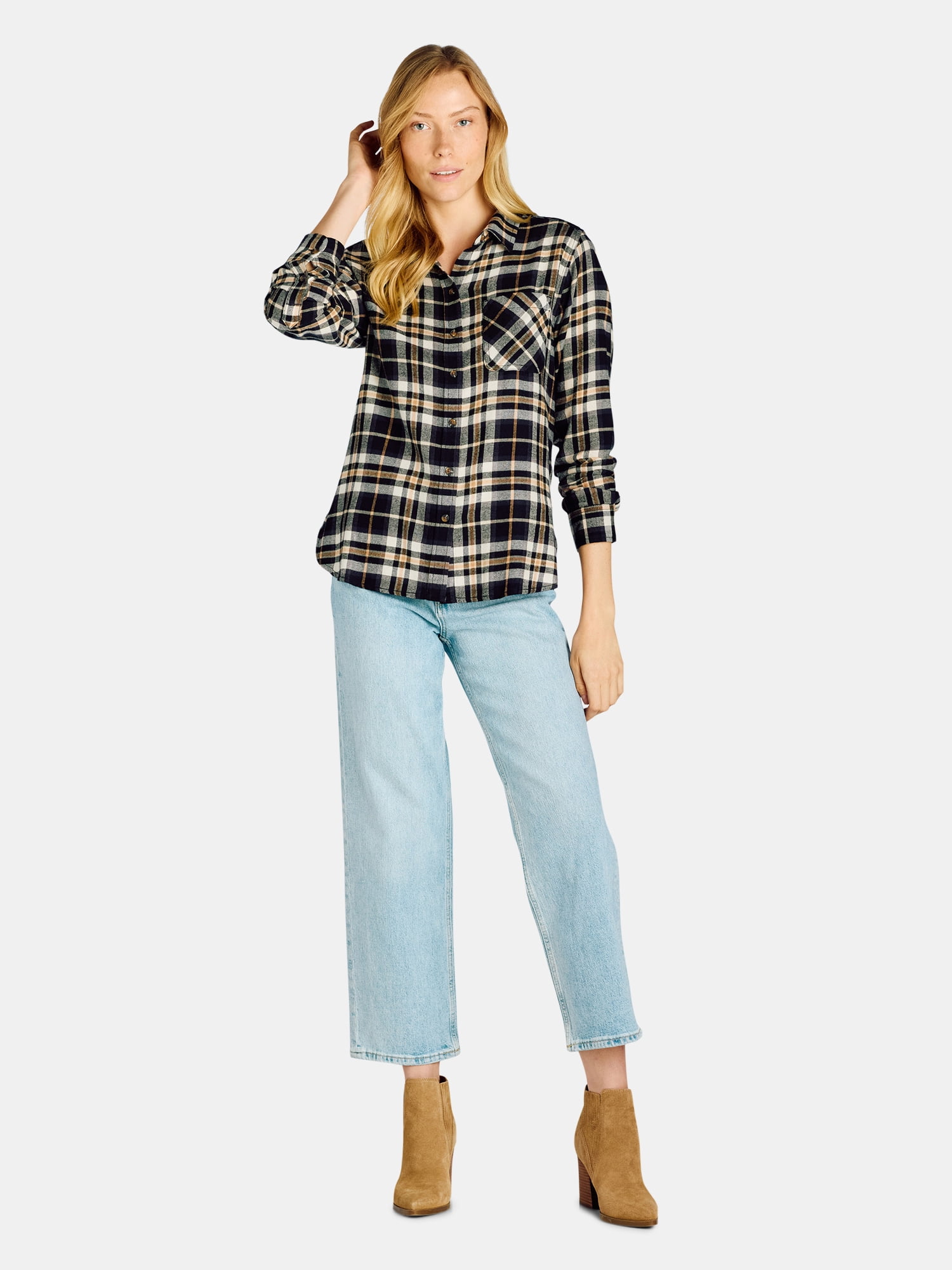 Time and Tru Women's Flannel Shirt with Long Sleeves, Sizes S-XXXL