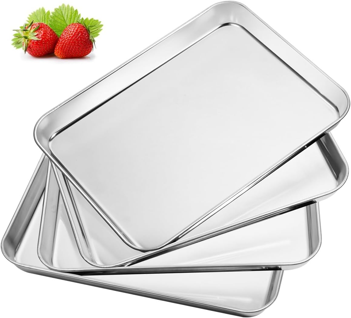 Baking & Cookie Sheets Set of 4, Stainless Steel Compact Toaster Oven Pan Tray Ovenware Professional, Size 10.23 x 8.26 x 1 inch, Heavy Duty, Deep Edge, Superior Mirror Finish, Dishwasher Safe