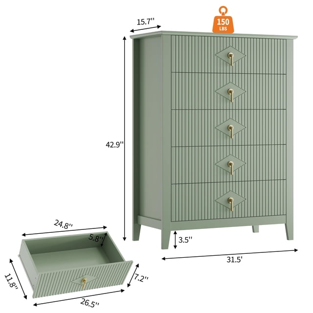Kojooin Commode Cannelée pour Chambre, Commode de Rangement en Bois à 5 Tiroirs de 42,9 Po de Hauteur avec Design Ondulé Moderne et Poignées en Métal