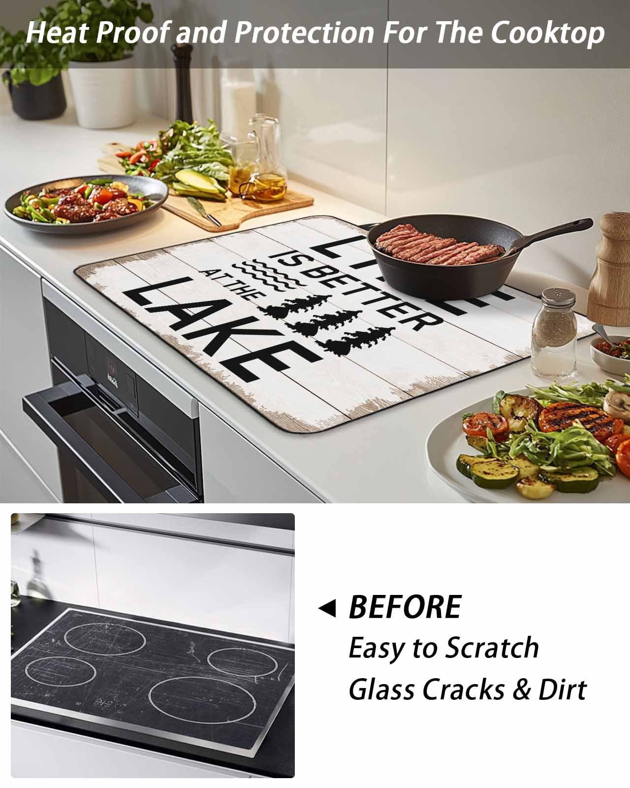 Stove Top Covers for Electric Stove, Life Is Better at The Lake Glass Stovetop Cover Protector, Rustic Black Artistic Aesthetics Induction Cooktop Protector Oven Mat for Kitchen Countertop 24"x21"