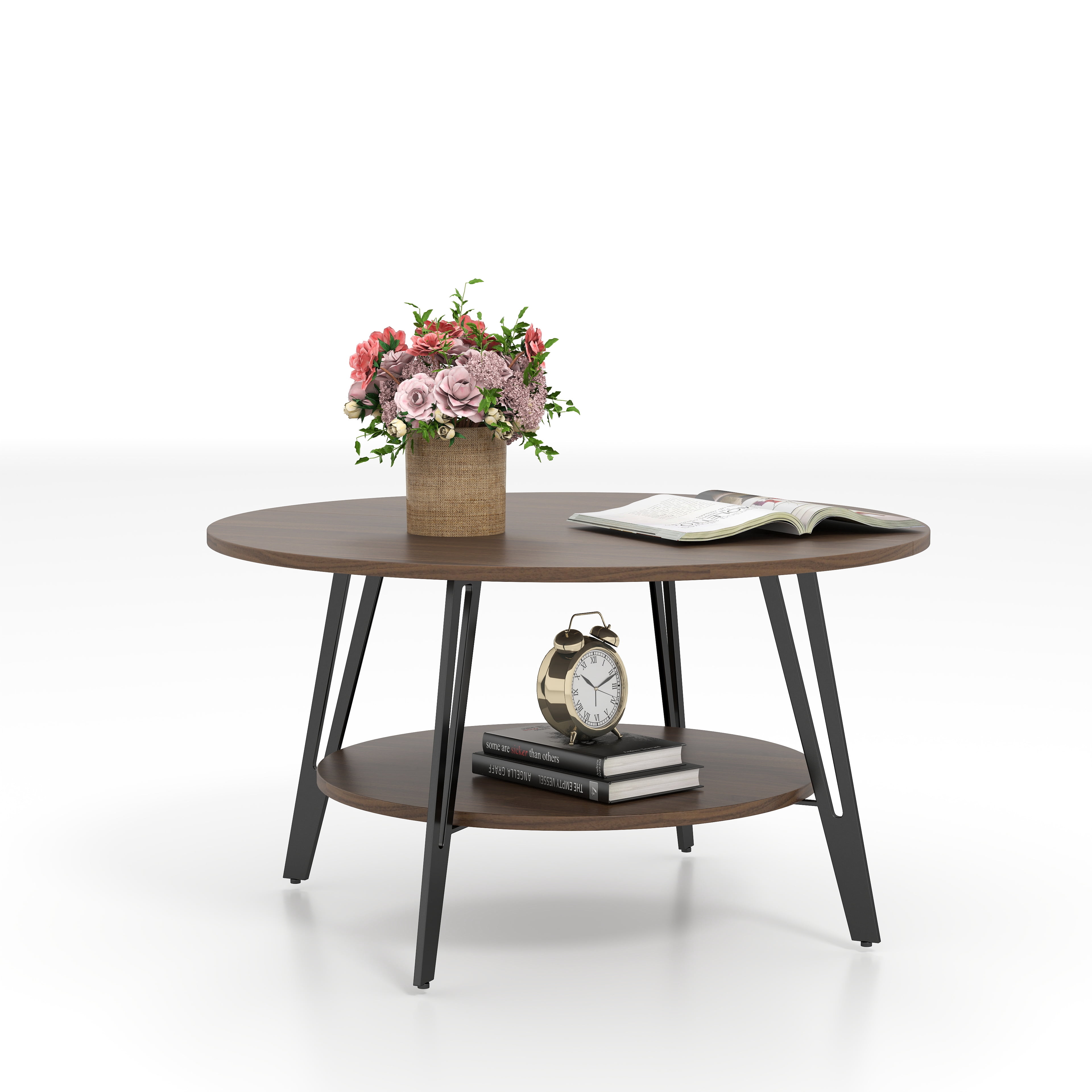 Manora Round Coffee Table with Storage 2-Tier Design, Vintage Coffee Table for Living Room, Walnut