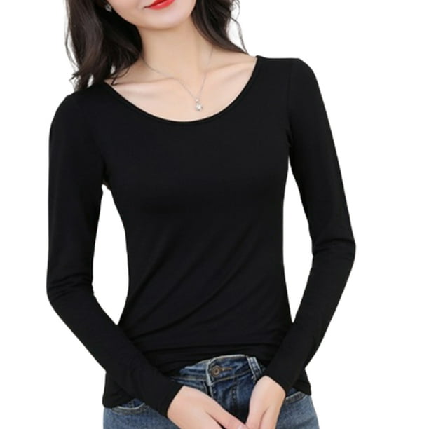 Female Thermal Underwear Long Sleeve Round Neck Autumn Bottoming Shirt Home  Office Sleep Inner Wear Warm Undershirt Woman 1Pc Black XL