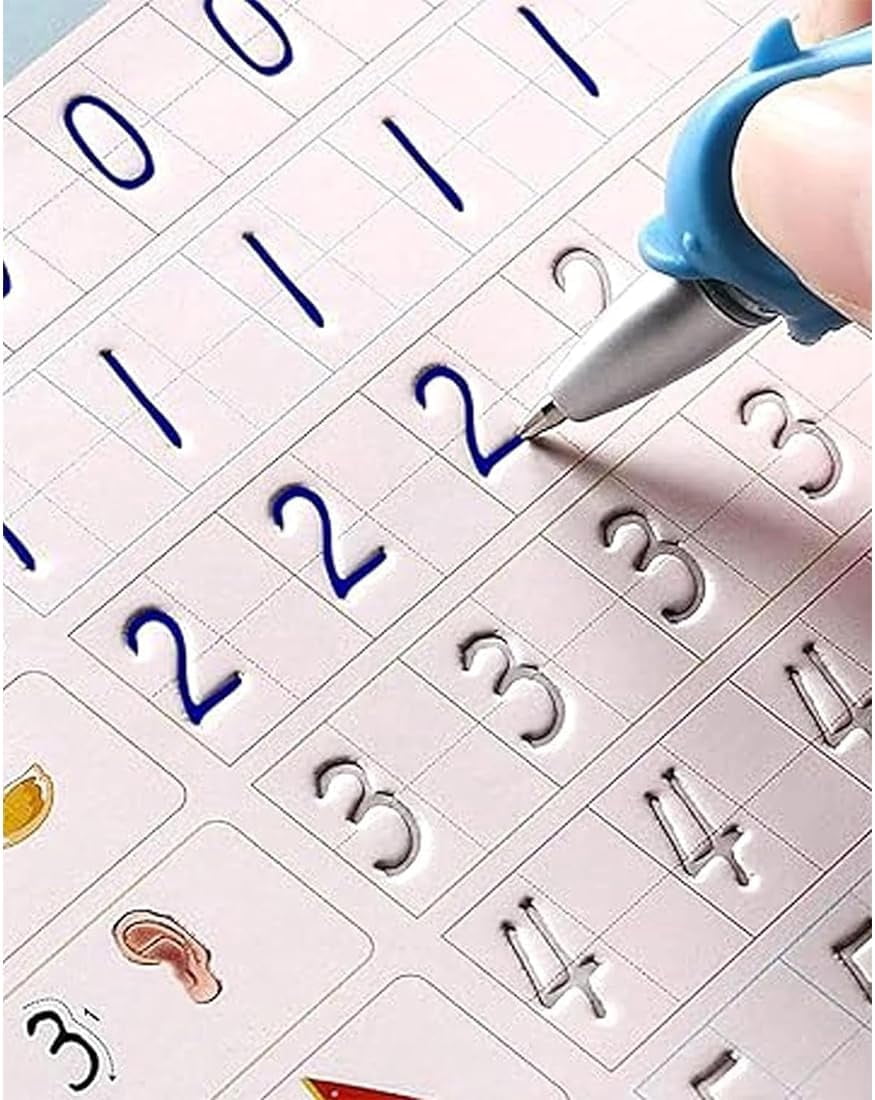 Motor Magic WorkBooks, Your Little Explorer Writing Books, Full Set 4 Book W/10 Replacement Refills+1 Pen+1 Pencil Grip, Magic Grooved Writing Practice Books