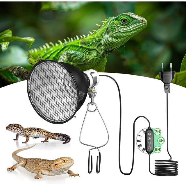 Dome Heat Lamp with Reflector, Dimmer and Timer, 100W E27 Terrarium Heat Lamp, 5.5 Inch Reflector Lamp Holder for UVA, UVB, and Infrared Bulbs (Bulb Not Included)