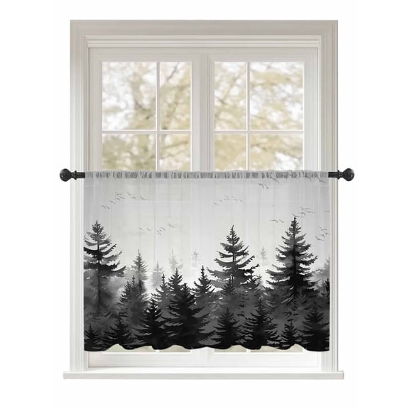 Sheer Curtains 54 Inch Length, Black Mist Forest Semi Sheer Curtains Light Filtering Window Treatment, Retro Country Watercolor Tree Scenery Privacy Voile Drapes for Living Room Bedroom 52x54 Inch