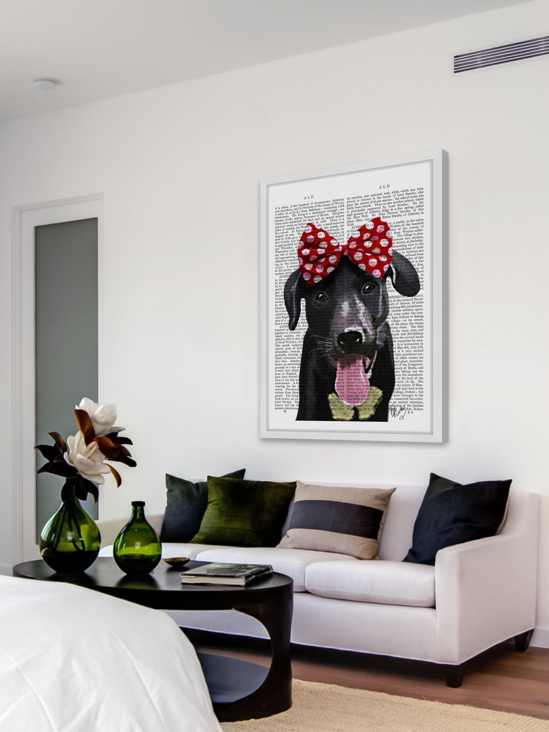 "Black Lab with Red Bow" Framed Painting Print