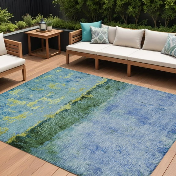HomeRoots 618604 8 x 10 ft. Blue & Lime Green Abstract Washable Indoor & Outdoor Rectangle Area Rug