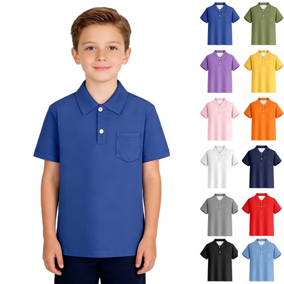 XINXIAOO Polo Shirts Boys Girls Short Sleeve Dark Blue Button down Shirts Classic School Uniform Collared Shirts for Boys Girls 5-6 Years