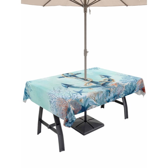 Outdoor Tablecloth with Umbrella Hole and Zipper, Coastal Anchor Blue Rectangle Table Cloth 60x120 Inch Waterproof Tablecloth, Summer Beach Nautical Coral Starfish Picnic Table Cover for Patio