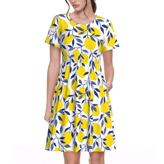 Defioc Tropical Lemon Pattern Womens Summer Dresses Short Sleeve Sundress 2025 Beach Vacation Dresses with Pockets -Small