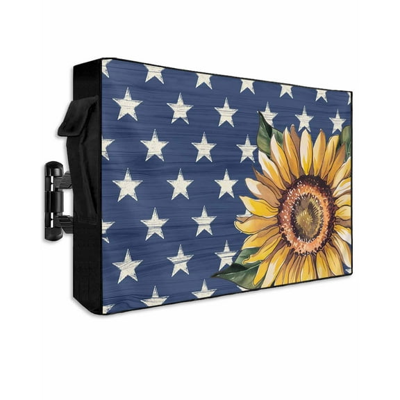 Sunflower 4th of July Outdoor TV Cover 60 to 65 Inch Weatherproof, Blue Star Independence Day 600D Oxford TV Covers with Waterproof Zipper, Outside Flat TV Screen Protector Size 58"W x 37"H x 4.5"D