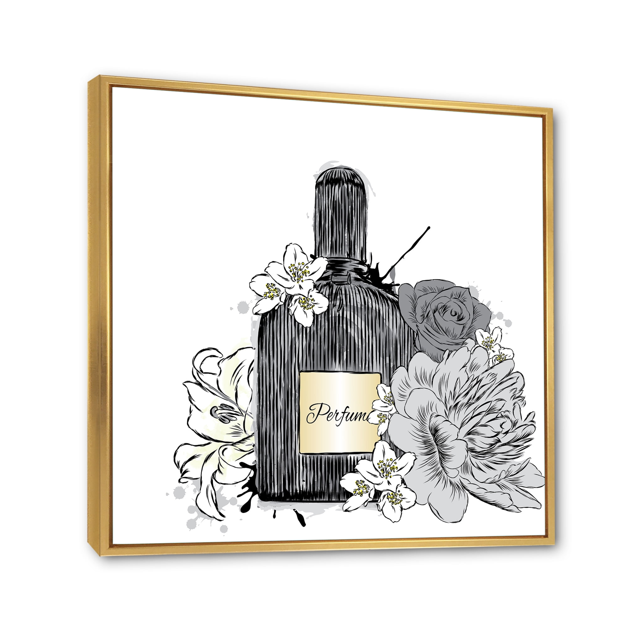 Bouquet of Flowers and Perfume Bottle III 30 in x 30 in Framed Painting Canvas Art Print, by Designart
