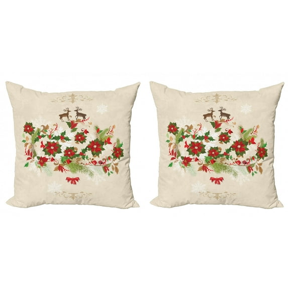 Ambesonne Christmas Throw Pillow Cover 2 Pack, Flower Reindeer Motif, 24", Multicolor