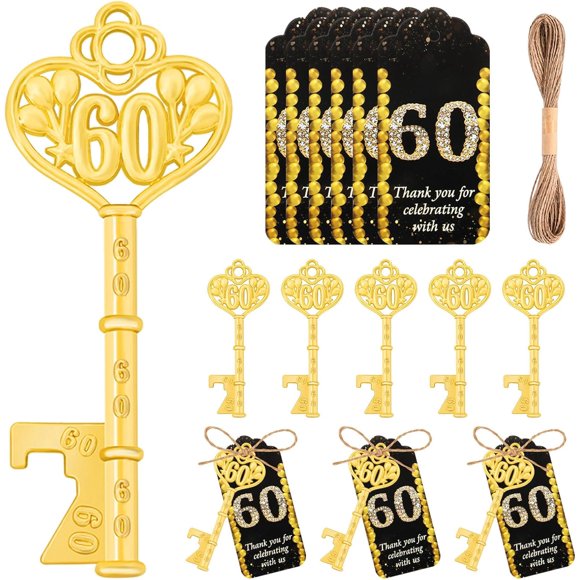 Qonmpcvu 50Pcs 60th Gold Key Bottle Opener - 60th Birthday Party Favors, Anniversary Souvenirs With Thank You Cards