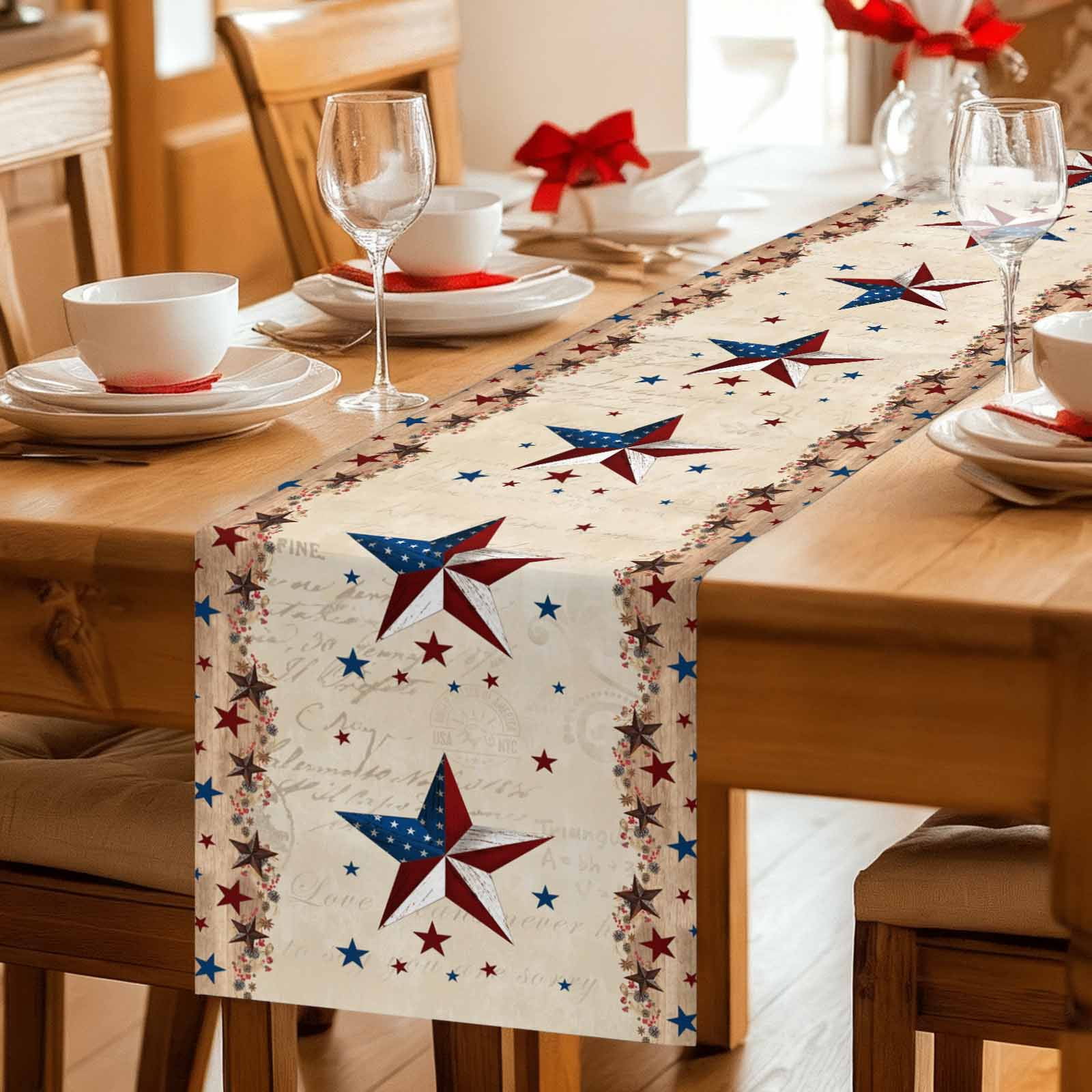 Independence Day Table Runner, Vintage U.S. Flag Country Stars Retro Letter Cotton Linen Kitchen Table Decoration Washable Dining Tabletop Runners for Home Party Decor 13x120 Inches