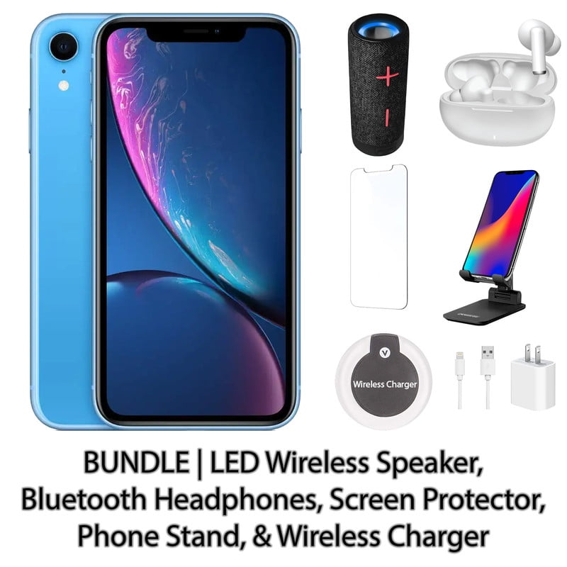 Restored Apple iPhone XR 64GB Blue Fully Unlocked Bundle: LED Wireless Speaker, Bluetooth Headphones, Screen Protector, Wireless Charger, & Phone Stand (Refurbished)