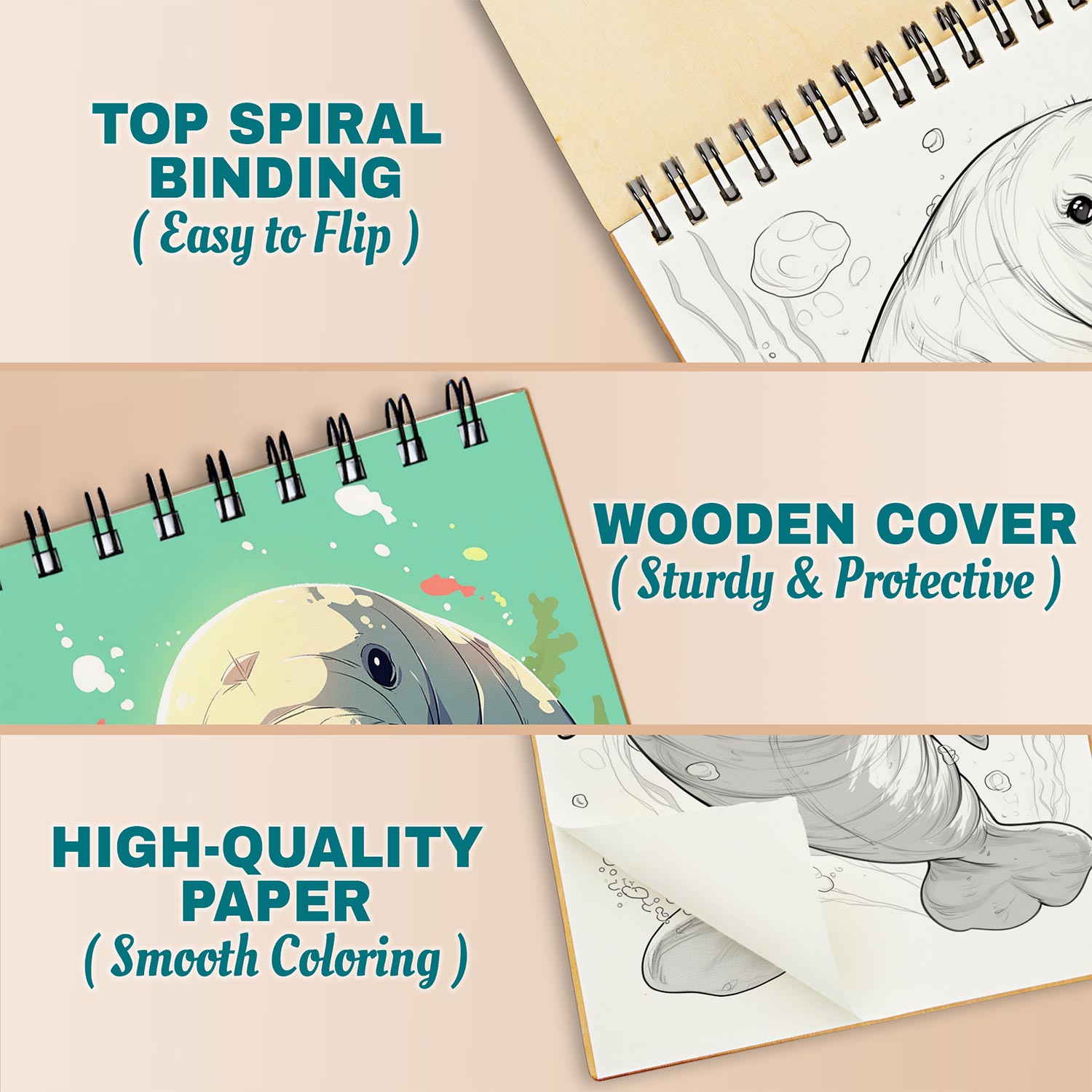 Netecom Baby Manatee Coloring Book for Adults, A5 Wooden Cover, 30 Cute Coloring Pages of Sea Cow for Stress Relief and Relaxation, Spiral Bound Edition