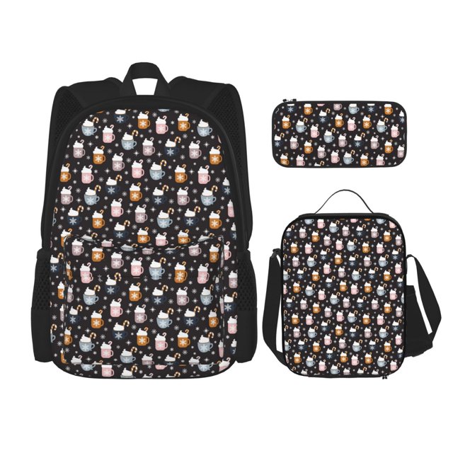 Balery Snowflake Cream Hot Cocoa Mochila escolar 3 en 1 para niños: mochila resistente con lonchera térmica y estuche para lápices. Mochila escolar para niños y niñas.