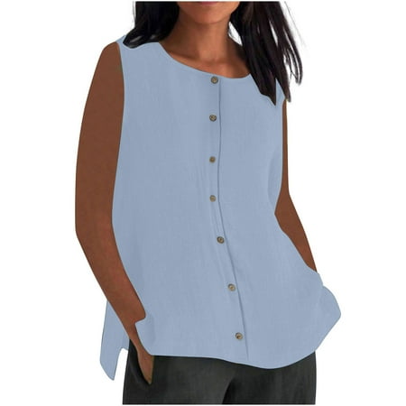 Mrat Built In Bra Tank Tops for Women Women s Summer Single Breasted Round Neck Split Solid Color Sleeveless T-Shirt Tank Tops Round Neck Tank Tops S-252 Light Blue L