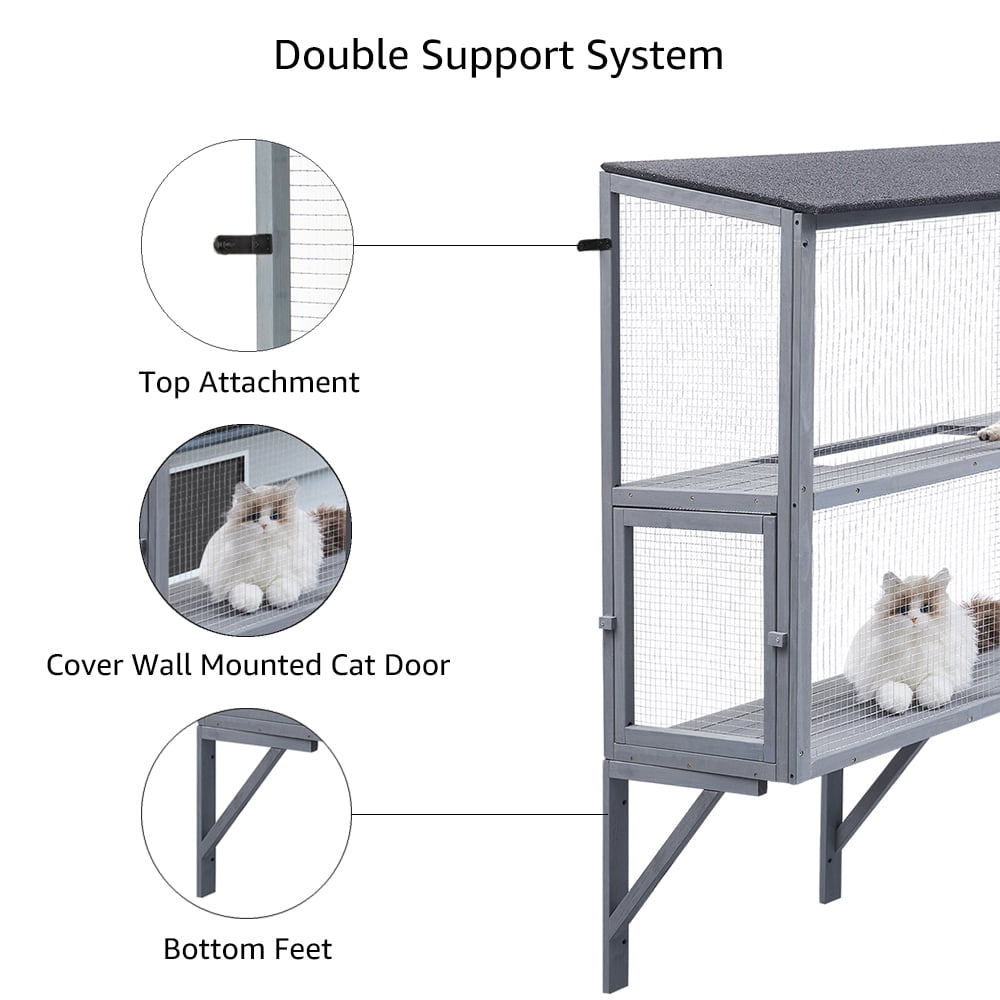 Unipaws 2-Tier Grey Window Box Catio, Wooden Outdoor Enclosure for Indoor Cats, Expandable Weatherproof Perch House