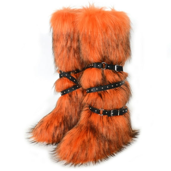 Women's Winter Warm Fluffy Faux Fur Knee High Snow Boots - Fashionable Cross Belt Buckle Boots