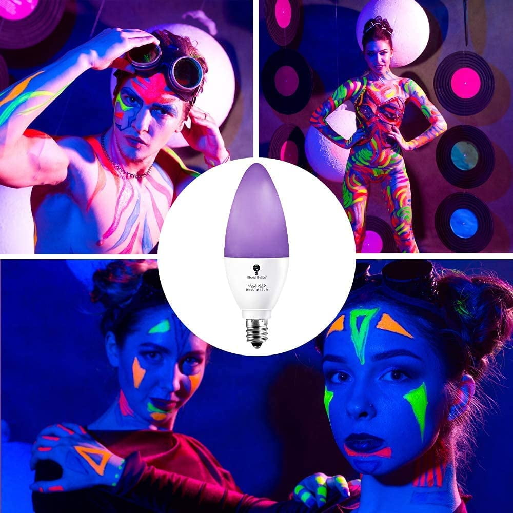 6 Pack LED Black Light Bulb, 6W E12 Candle Blacklight Bulb Level 385-400nm, Body Paint, Glow in The Dark Party E12 LED Light Bulb Neon Glow Fluorescent Poster Candelabra Bulbs