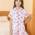 thumbnail image 2 of Girls Bow Print Homewear Outfit Short Sleeve Bow Tie Shirts Soft Shorts Milk Silk Pajama Kids Sleepwear, 2 of 3