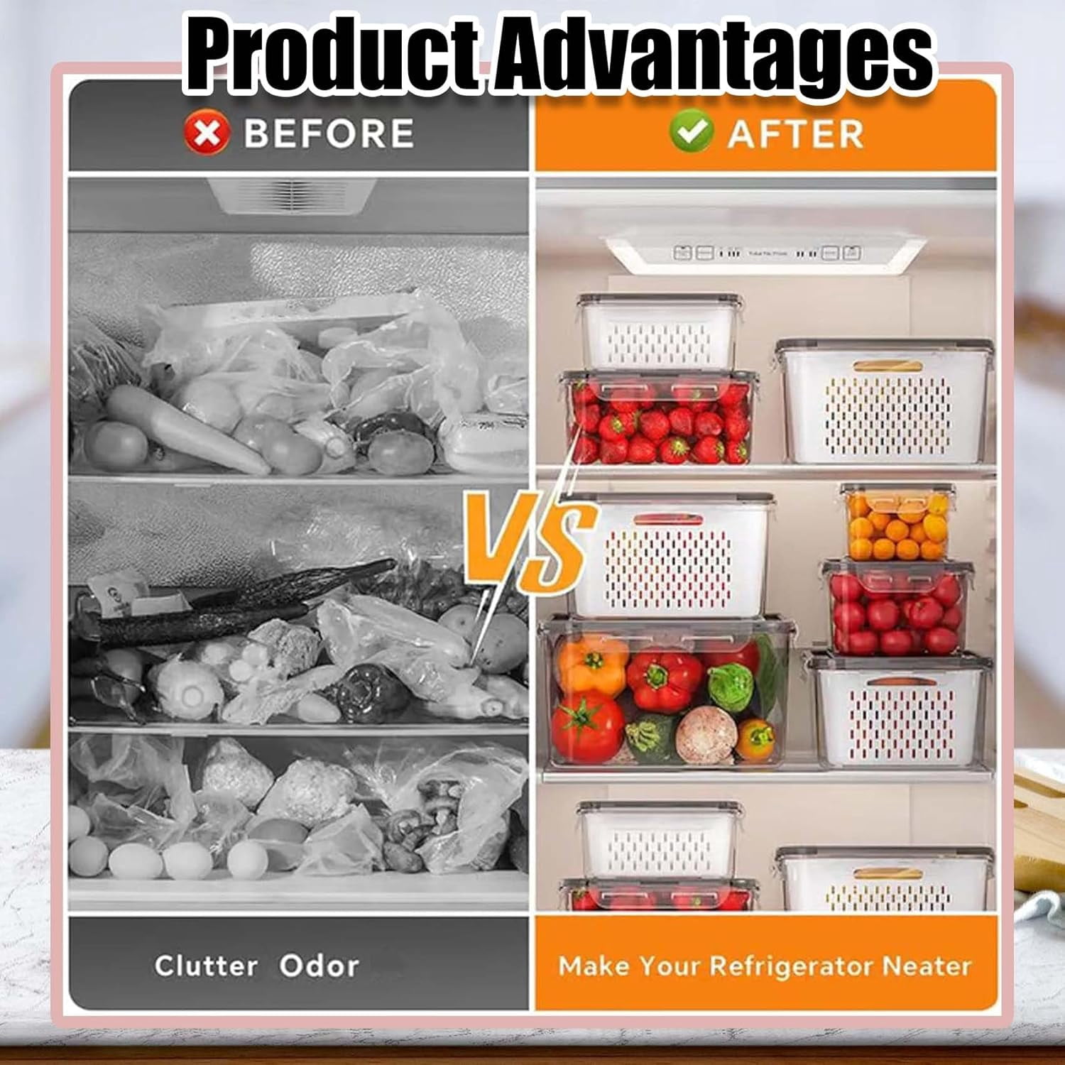 Household Transparent Plastic Food Storage Box-Including Drain Basket, Produce Storage Box with Drain Basket (Gray*Large)