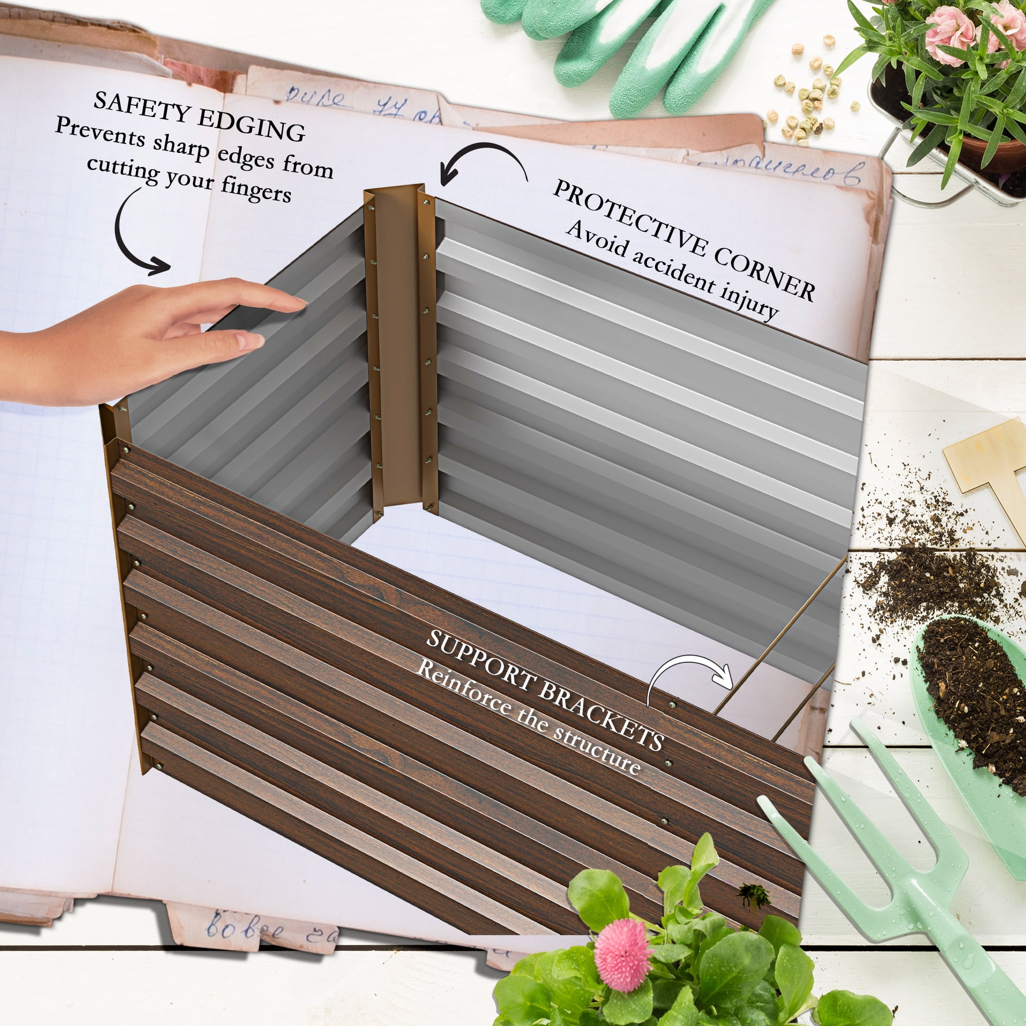Outsunny 8x2x2ft Galvanized Raised Garden Bed Kit, Large Outdoor Metal Elevated Planter Box with Safety Edging for Flowers, Vegetables, Dark Brown