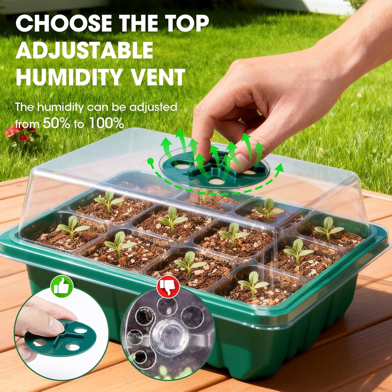 Seed Starter Tray with Humidity Dome, Seed Starter Kit with Transparent Drain Hole Base Indoor Greenhouse Propagator for Seeds Growing