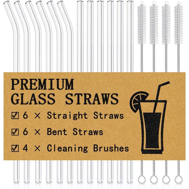 Popote de vidrio reutilizable 215 mm diámetro exterior 10 mm 6 rectos 6 curvos con 4 cepillos limpieza ideal para batidos jugos té