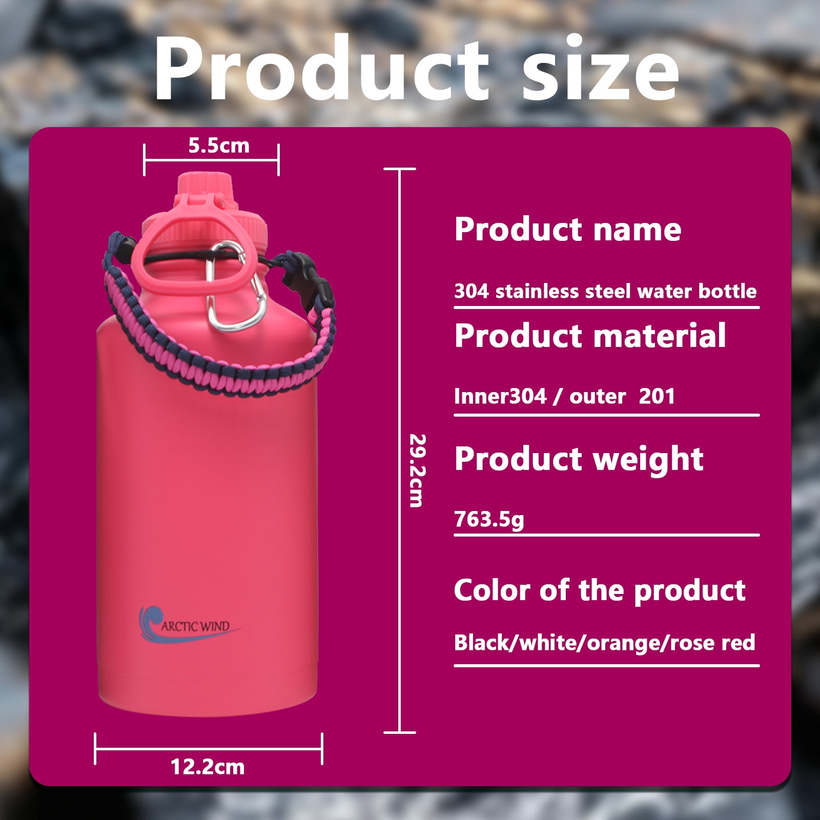 Arcticwind 64 oz Insulated Water Bottle, 304 Stainless Steel Leak Proof & BPA-Free, Half Gallon Water Bottle, Paracord Handle, 64oz Water Bottle Triple Wall Thermal Sweat-Proof Gallon Water Jug