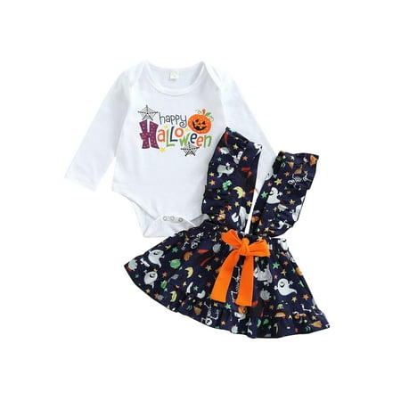 

Emmababy Adorable Pumpkin Spider Web Print Bodysuit + Suspender Skirt with Letter Design