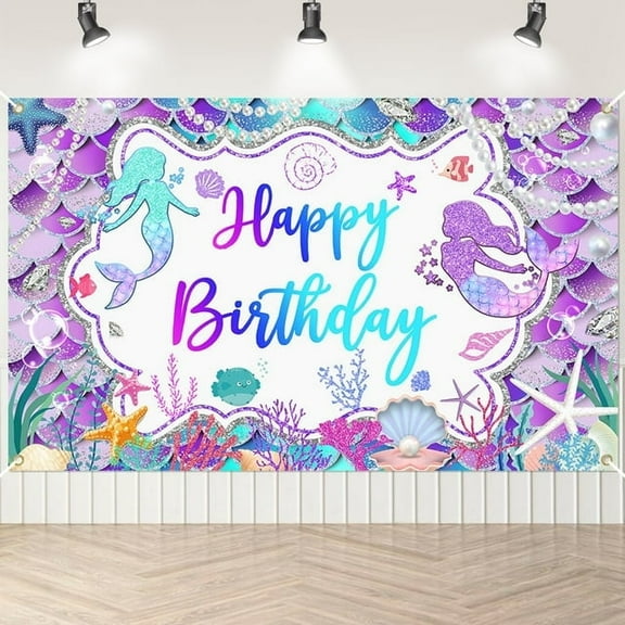 Mocsicka Mermaid Birthday Party Backdrop Purple Birthday Party Banner for Girls Mermaid Photo Background Party Supplies