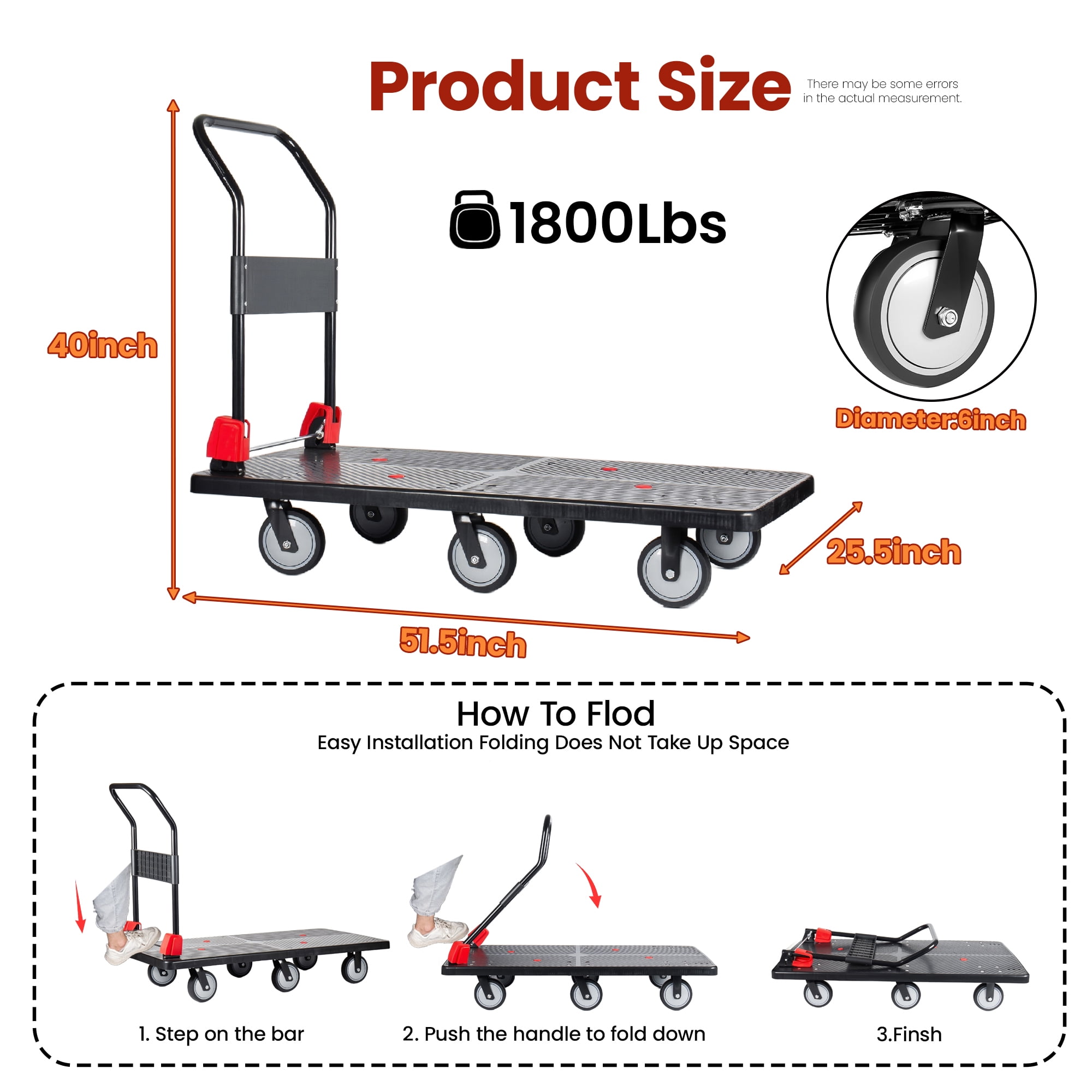 25.5"x51.5" Platform Truck, Foldable Handcart with 6" TPR 360-Degree Silent Wheels, 1800lbs Heavy-Duty Push Dolly Cart, 4 Steel Load-Bearing Beams for Warehouse Garage Home Use