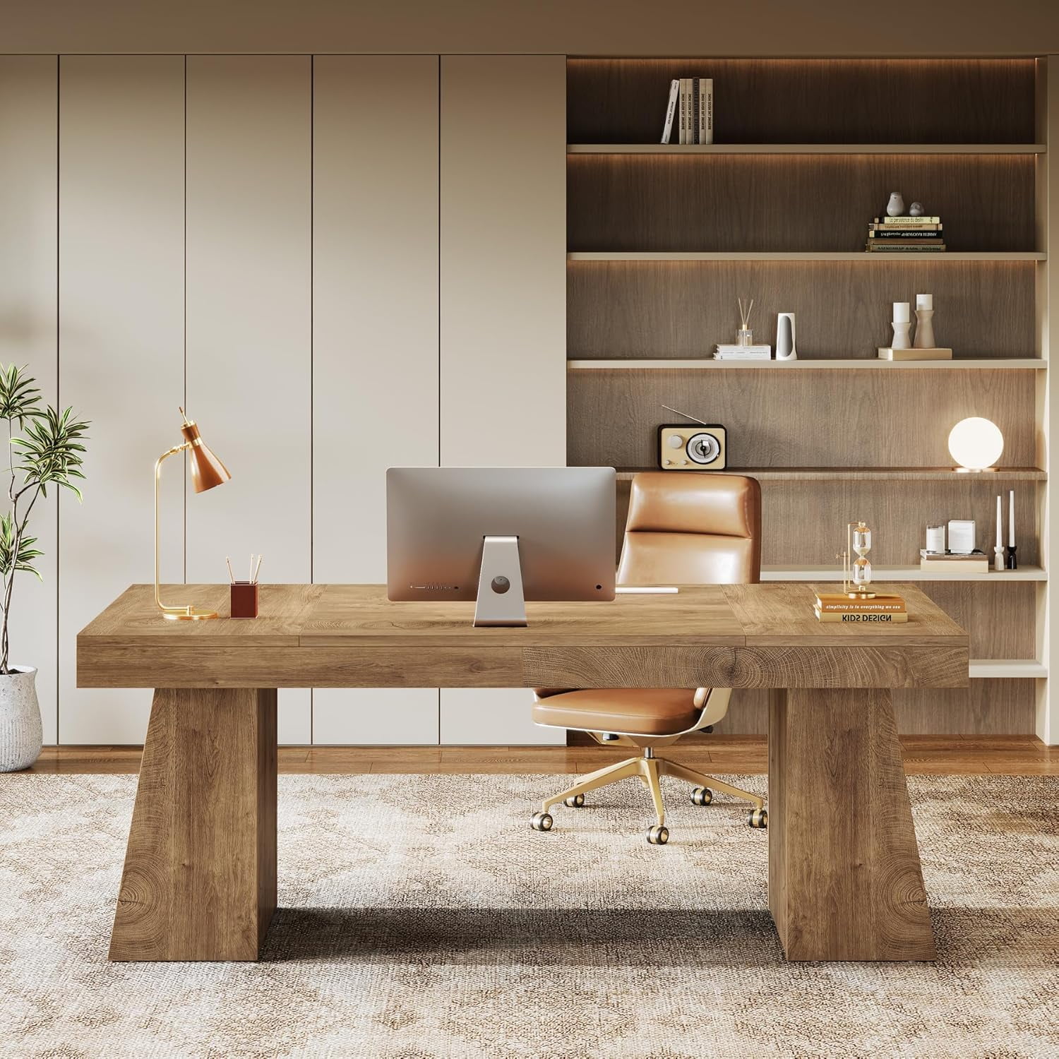 Finmind Large Wood Executive Desk, 55" Rectangle Office Desk with Double Pedestal, Modern Minimalist Computer Desk Workstations Conference Table Furniture for Home Office(Light Brown)