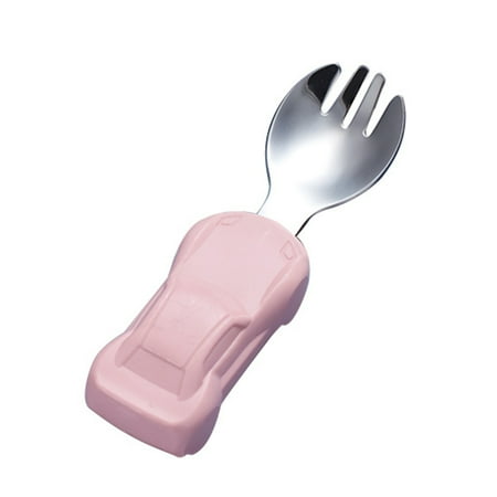 

YeccYuly Baby Fork and Spoon Set Baby Training Utensils Self Feeding Toddler Silverware Silicone and Stainless Steel Kids and Toddler Utensil Set Short Car Handle
