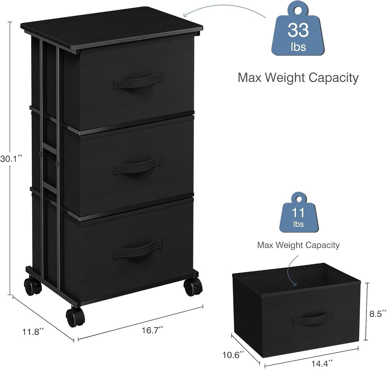 Bigleap 3-Drawer Rolling Fabric Dresser, Small Space Storage Cabinet with Wheels, Mobile Nightstand for Bedroom, Closet, Entryway, Brown