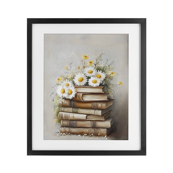 Stupell Industries Shabby Chic Book Stack with Daisies Black Framed Print Under Glass, 13 x 16, by Arlington Prints