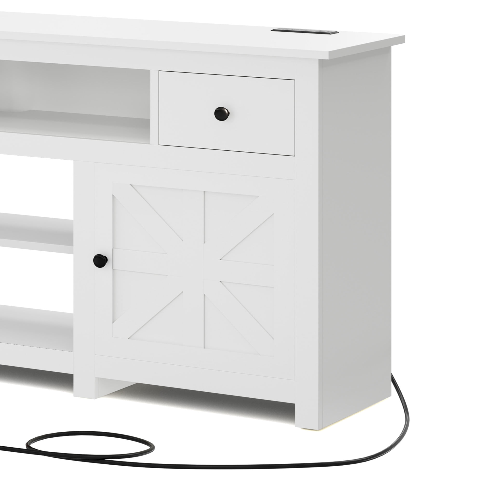 Uforic Farmhouse TV Stand for 75/80 Inch TV, Rustic Entertainment Center with Power Outlet, Storage Drawers, TV Console for Living Room, White