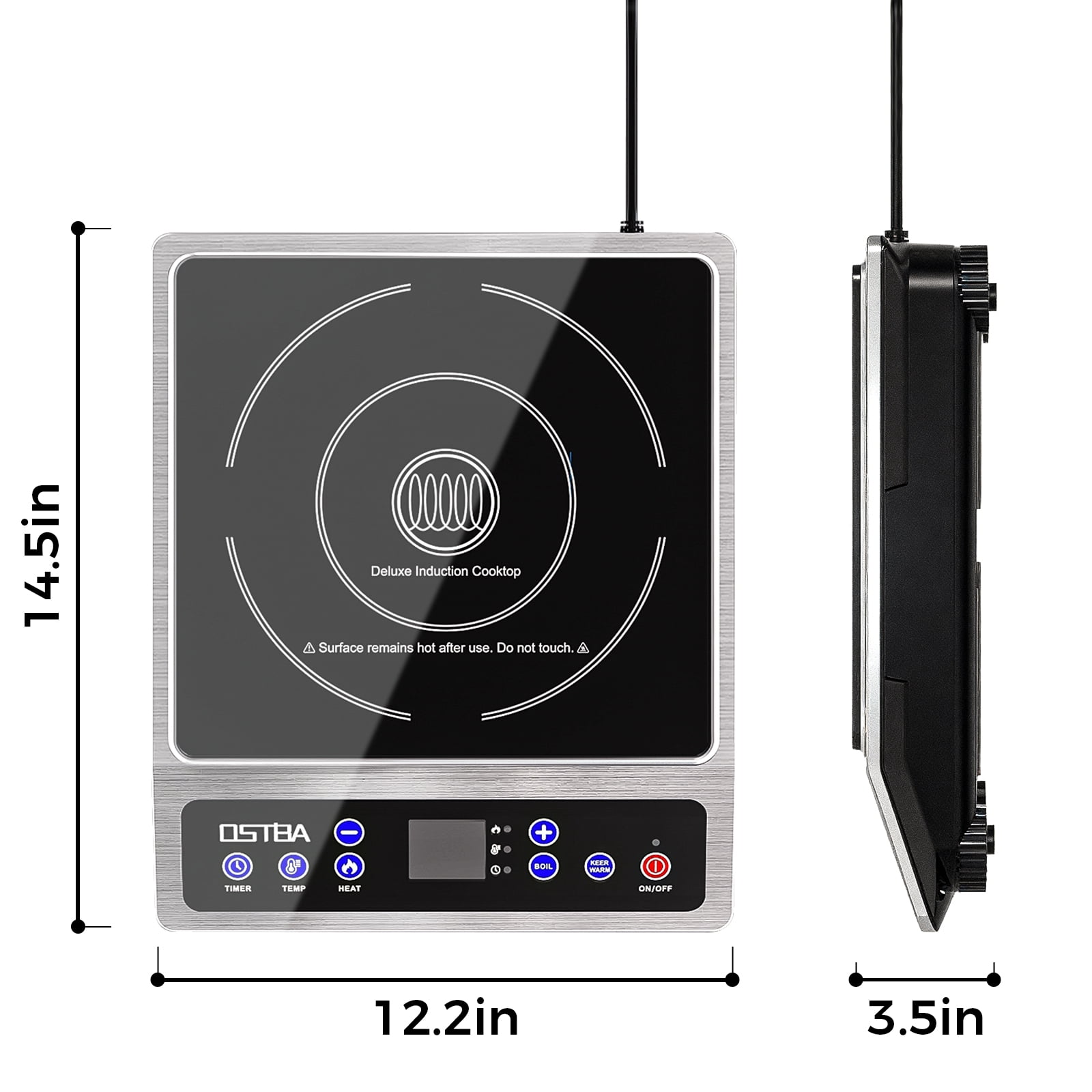 OSTBA 1800W Stainless Steel Induction Cooktop , Professional Commercial Countertop Induction Burner with 10″ Heating Coil, 10 Power Levels, 120–460°F Temp Control, 3-Hour Timer & Keep Warm