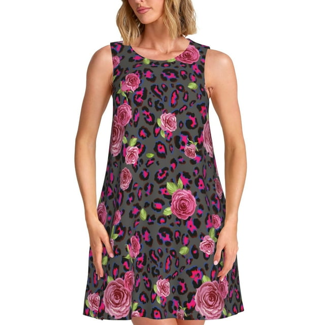 Fotbe Rose Mix Leopard 2 Vestido de Verano sin Mangas para Mujer – Vestido Midi Línea A, Estilo Camiseta Floral, Vestido Playero Casual y Fluido