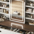 thumbnail image 5 of Rustic Vanity Desk w/ Sliding Mirror & Lights | Hairdryer Holder + Charging Socket | Multi-Layer Shelves, 2 Drawers & Cabinet | Bedroom Set, 5 of 12