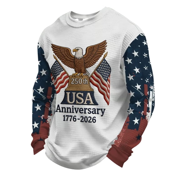 Mens 250 Anniversary USA Shirt Crewneck Waffle Sweatshirt American Flag Shirts with Eagle Long Sleeve Pullover Tops Fourth of July Outfit