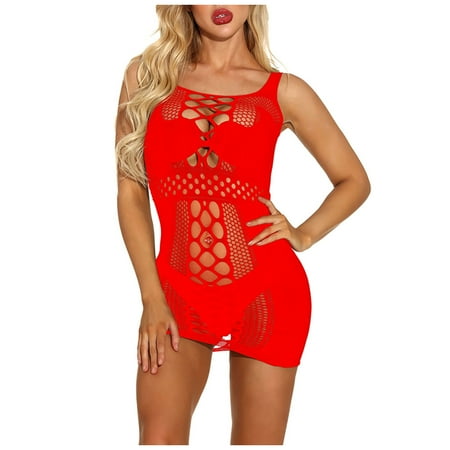 USSUMA Lingerie for Women  Sexy Womens Lingerie Fishnet Seamless Mesh Netting Chemise Hollow Out Perspective Dress Sleepwear Nightwear Nightdress on Clearance Back to Campus flyer Red One Size