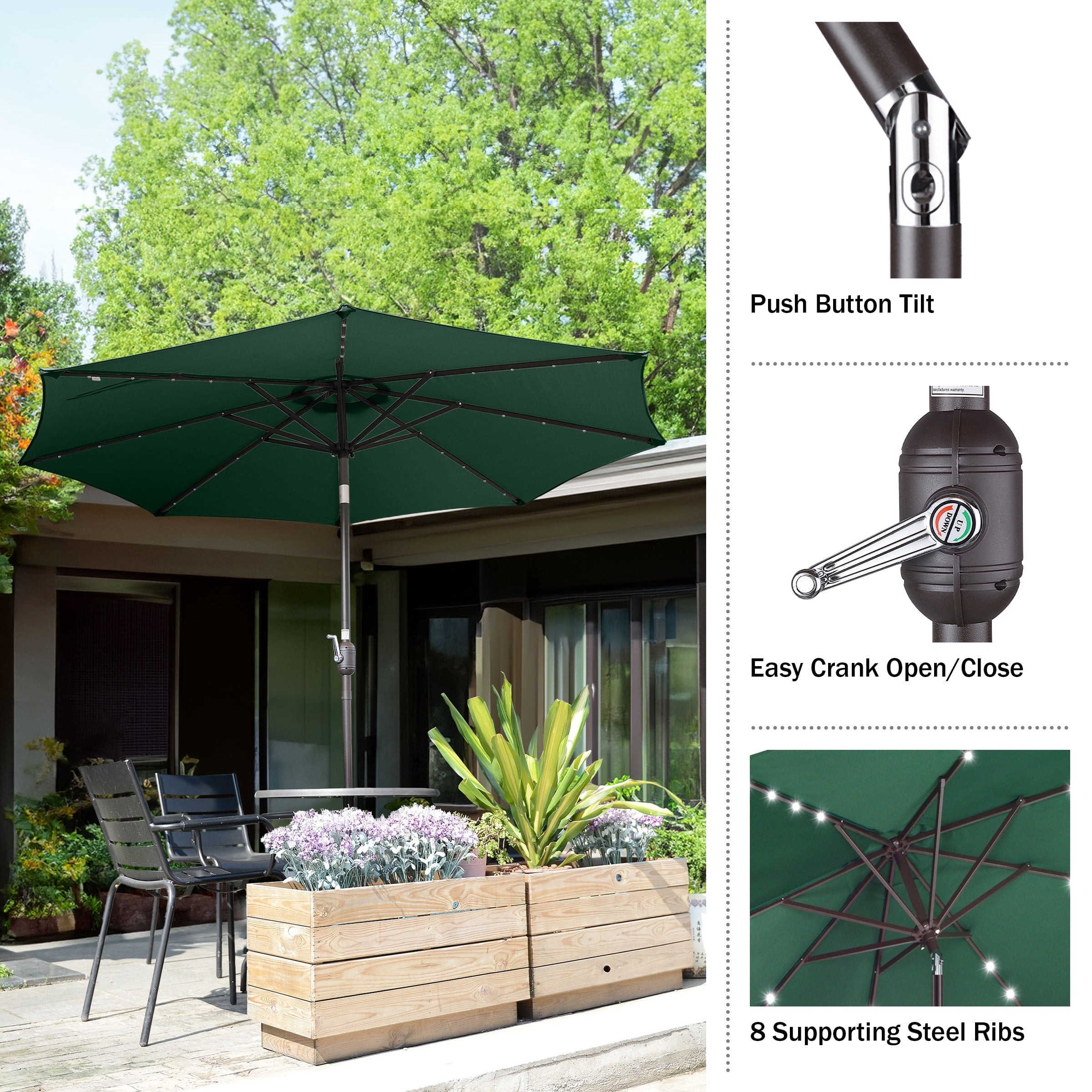 Villacera 9' LED Lighted Outdoor Solar Powered Patio Umbrella with 8 Steel Ribs, Forest Green