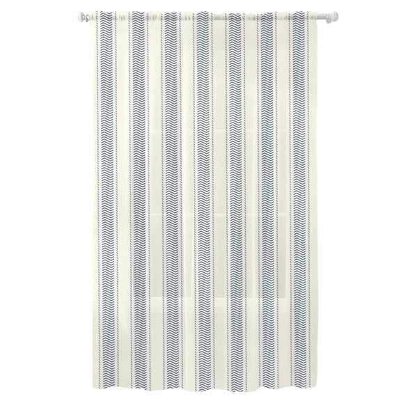 Sheer Curtains 96 Inches Long, Blue Stripe Semi Sheer Curtains Light Filtering Window Treatment, Modern Farmhouse Geometric Retro Striped Privacy Voile Drapes for Living Room Bedroom 52x96 Inch